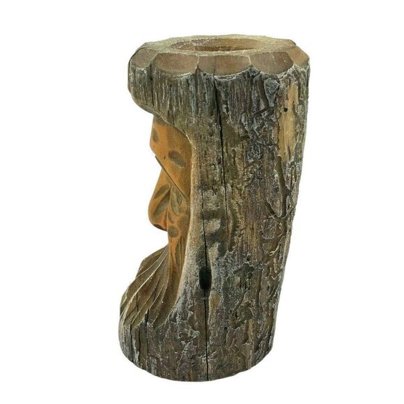 Rustic Hand Carved Wooden Candle Holder With Bearded Face Design - Picture 4 of 6
